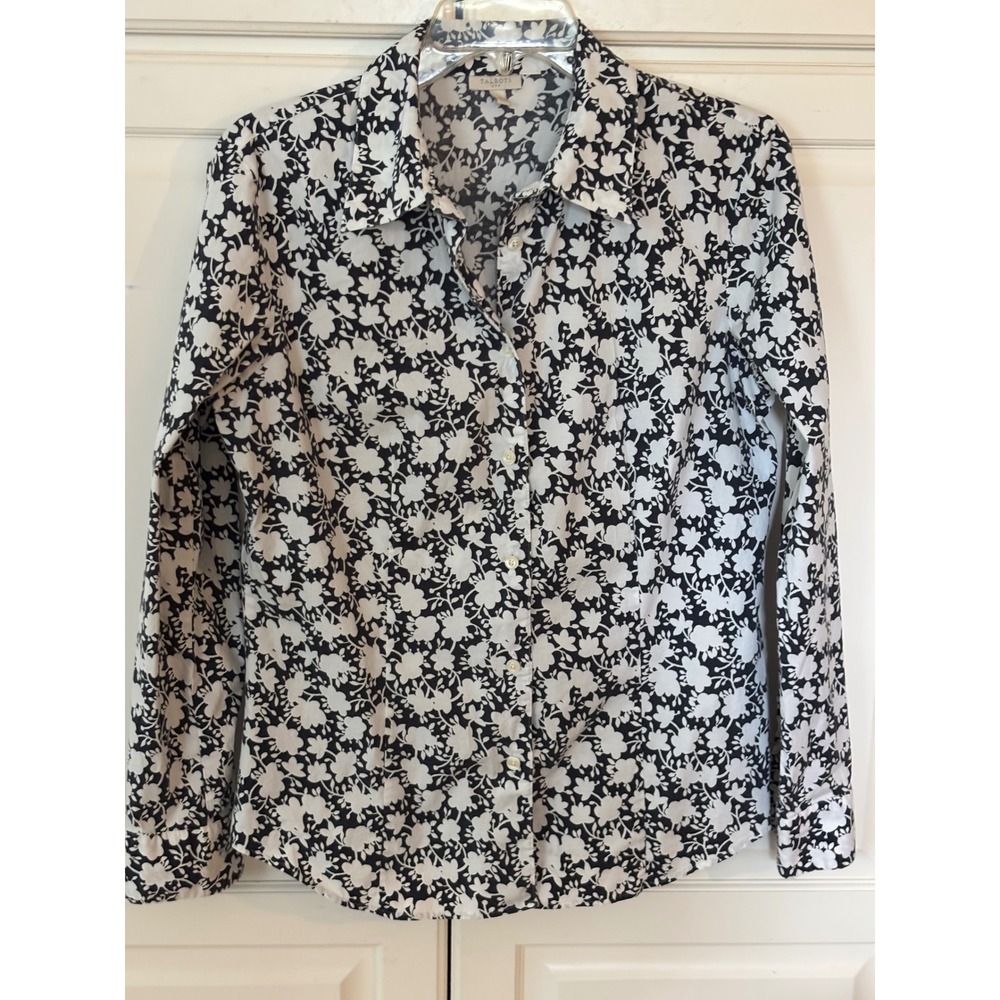 Talbots Womens M Navy Blue White Floral Cotton Stretch Button Down Shirt Blouse